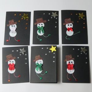 6 dancing snowmen black Christmas cards FREE PEN